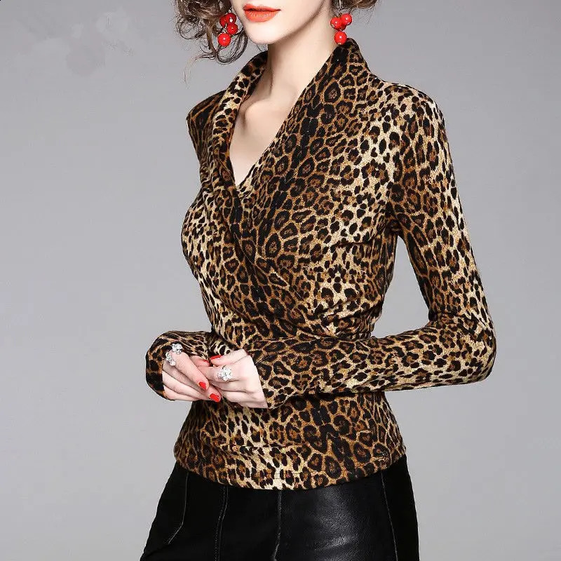 Elegant Vneck long sleeved printed leopard print shirt for womens clothing autumn casual floral full matching office 240822
