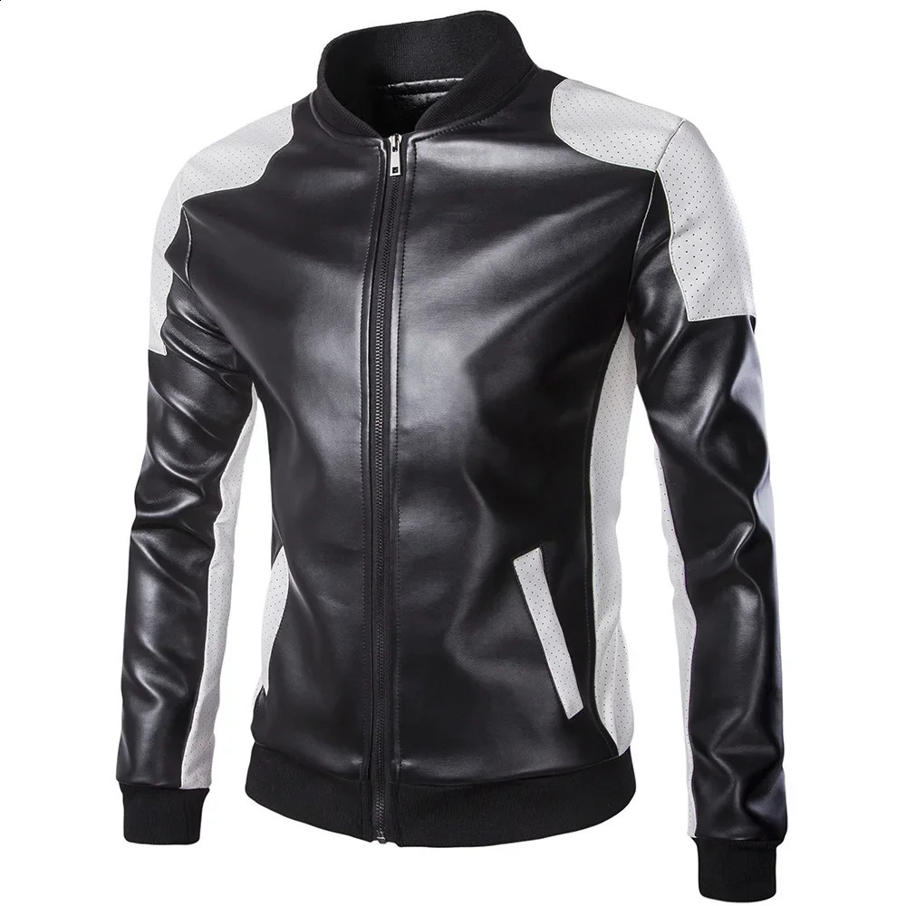 Men Stand Collar Coat Black White Color Matching Casual Leather Jacket Fashion Racing Clothing PU Leather Jacket 5XL-M 240822