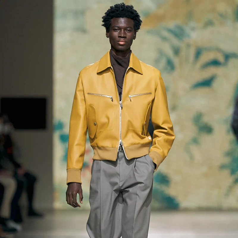 Mens Sheepskin Jacket - High-Quality Custom Yellow Genuine Leather Coat Fashionable and Handsome English Style 240822