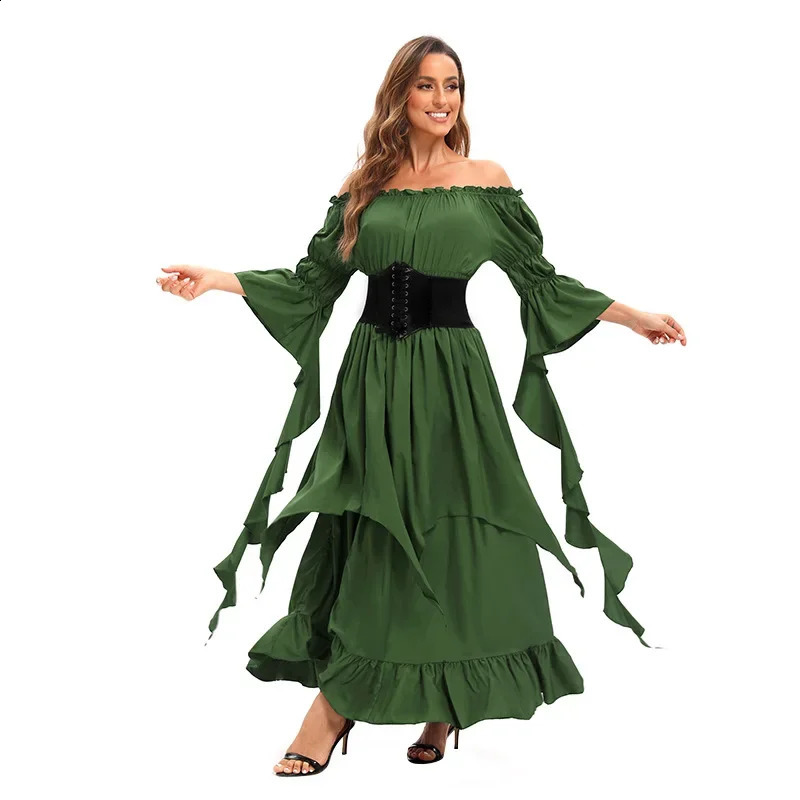 Retro womens shoulder tight corset waist Halloween dress in red black and green w240824