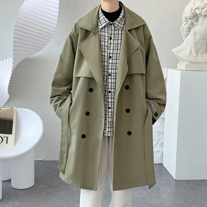 Spring Autumn Long Oversized Khaki Black Trench Coat Men Sashes Double Breasted Loose Casual Korean Fashion Windbreaker 240822