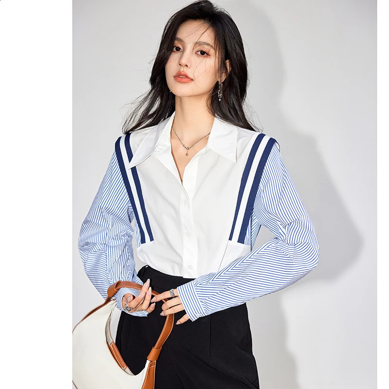 French elegant office womens shirt spring striped contrasting color long sleeved temperature ultrathin top 240822