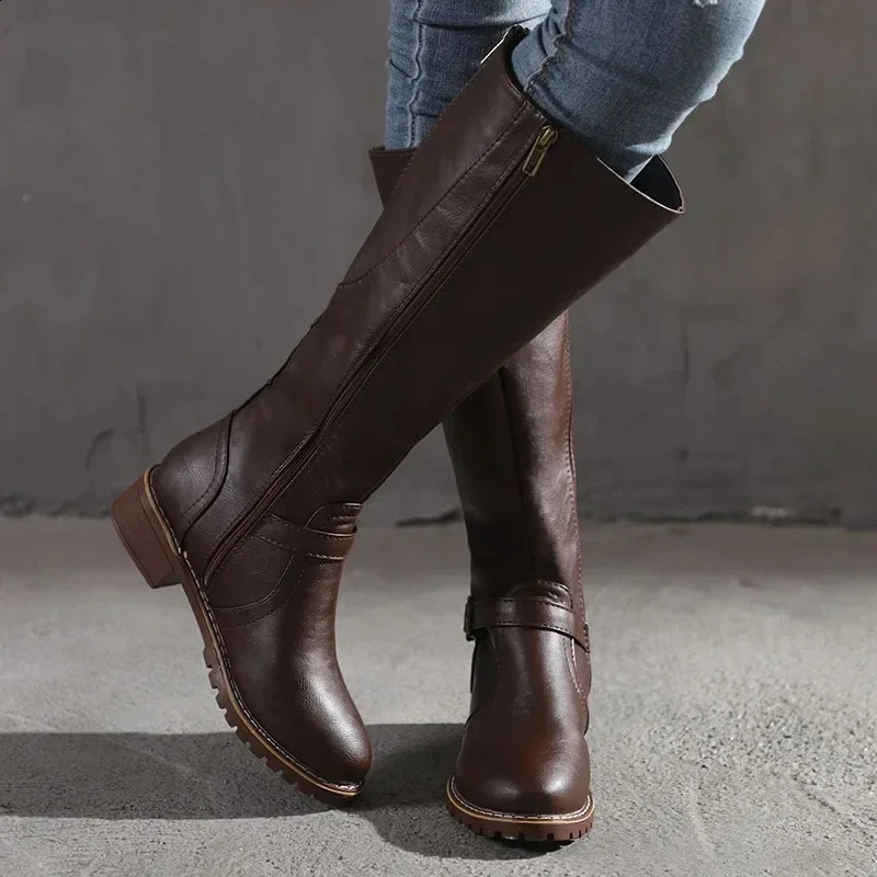 Womens straight boots retro leather long knight boots square heel knee high buckle zipper British style winter womens shoes 240823