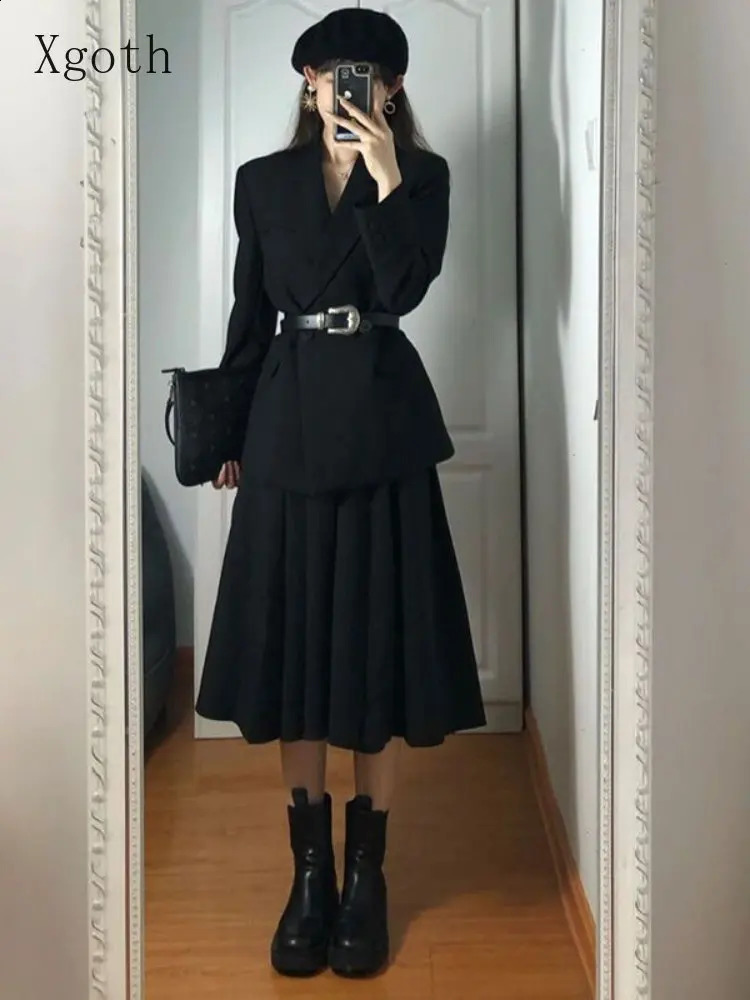 Xgoth Autumn Elegant Suit Long-sleeved Straight Shoulder Blazer Jacket High Waist Long Skirt Office Lady Two-piece Sets 240823