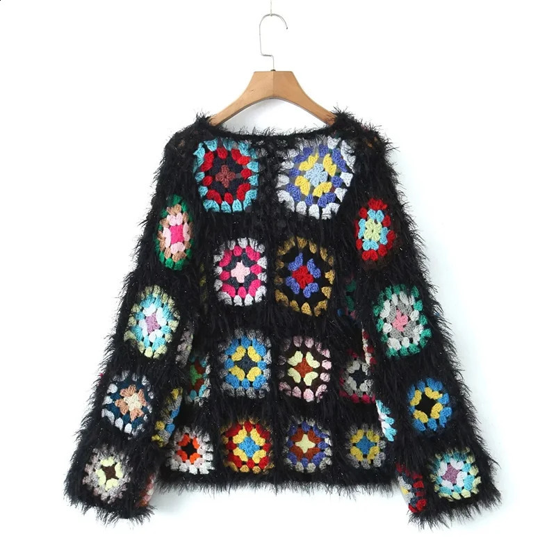 KEYANKETIAN Winter Womens Tassel Contrast Color Plaid Hollow out Handmade Sweater Cardigans Boho Holiday wind Soft knitwear 240814