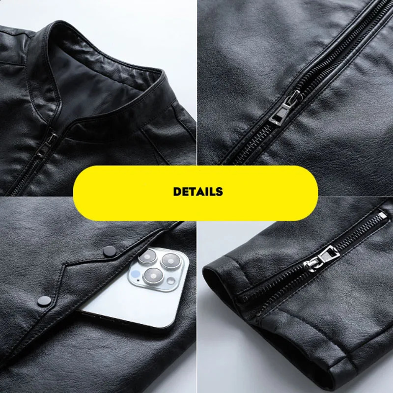 Trend Motorcycle Jacket Mens Fashion Leather Jacket Slim Fit Neckline PU Jacket Male Anti-wind Motorcycle Jackets Men Biker Coat 240822