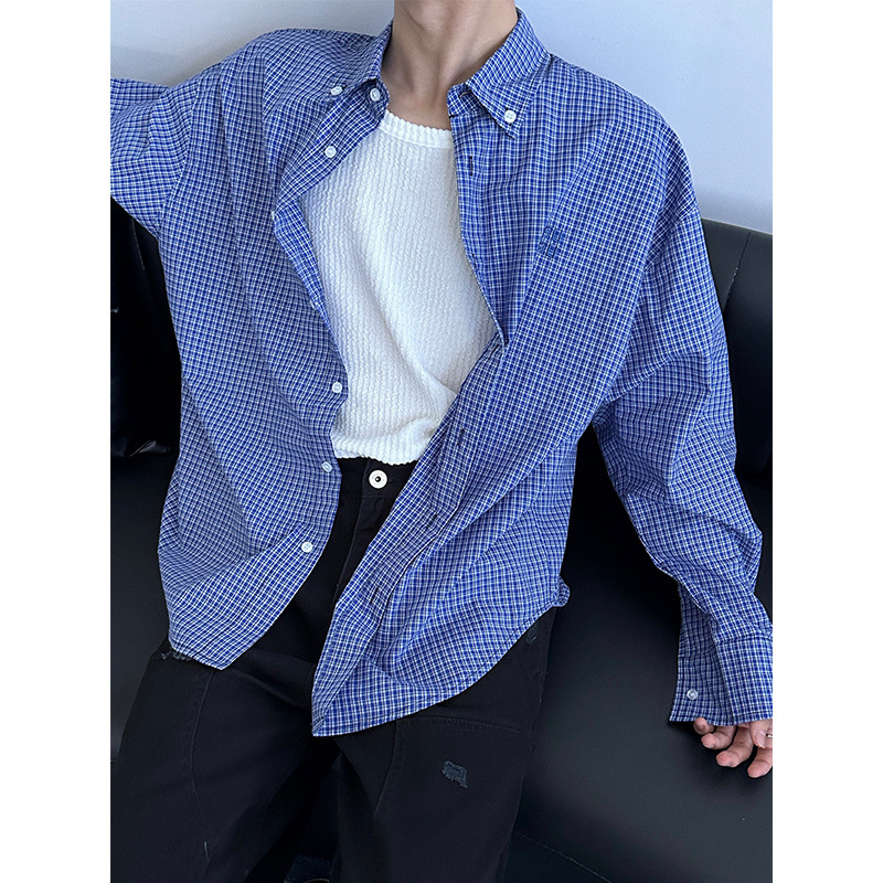 American Lazy Loose Blue Checkered Short Sleeved Shirt for Men New Versatile Casual Embroidered Shirt Trend