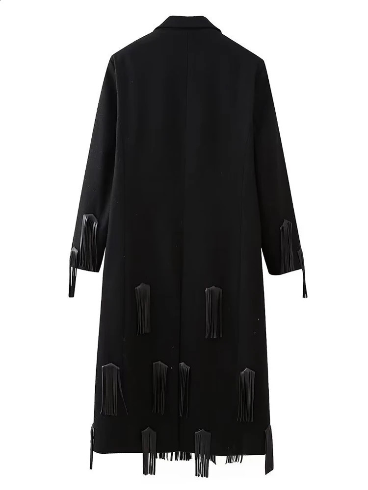 EAM Black Spliced Leather Tassel Woolen Coat Loose Fit Lapel Long Sleeve Women Jacket Fashion Autumn Winter 30A0008 240822