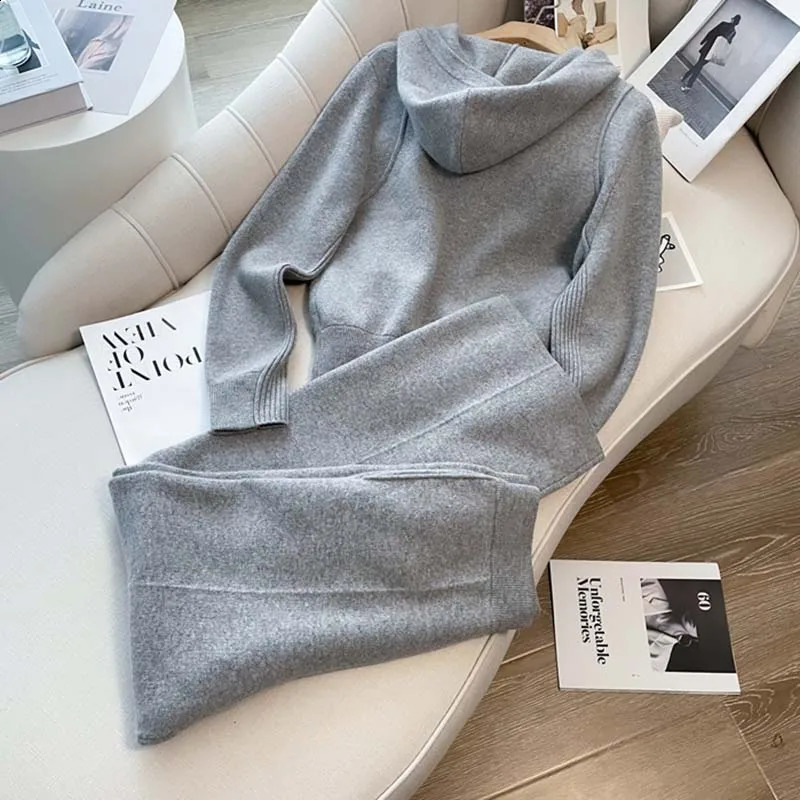 ZJYT autumn and winter knitted hooded sweatshirt pants set 2piece womens zipper sweater mens 240823