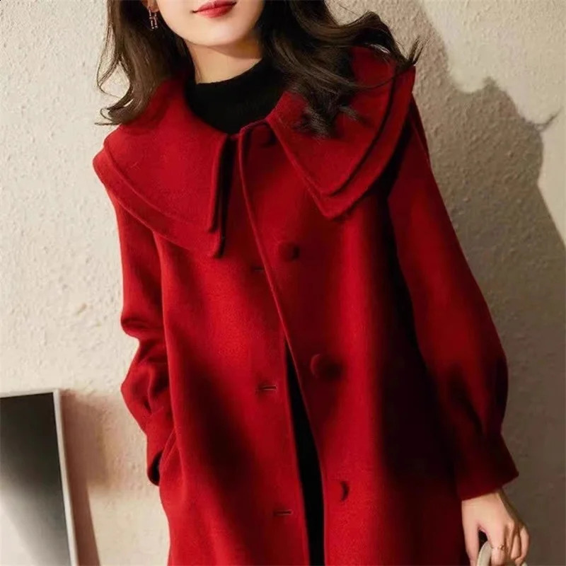 Womens Wool Coat Autumn Winter Korean doll Double layered collar Mid length Single breasted Femme Woolen Outerwear 240822