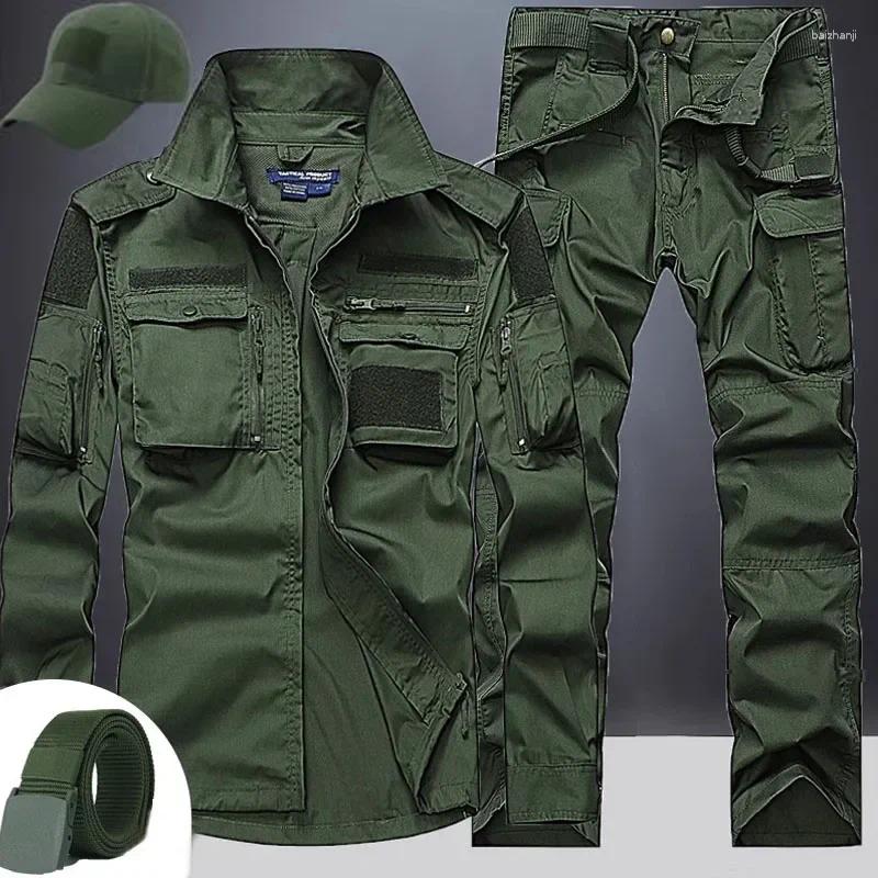 Mens Tracksuits Summer Sets Mens Outdoor Breathable Multiple Pockets Combat Long Sleeve Shirts Cargo Pants Suits Male