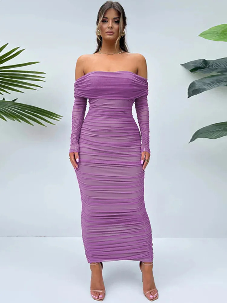 Mozision Off-shoulder Long Sleeve Sexy Maxi Dress For Women Autumn Strapless Backless Bodycon Ruched Party Long Dress 240823
