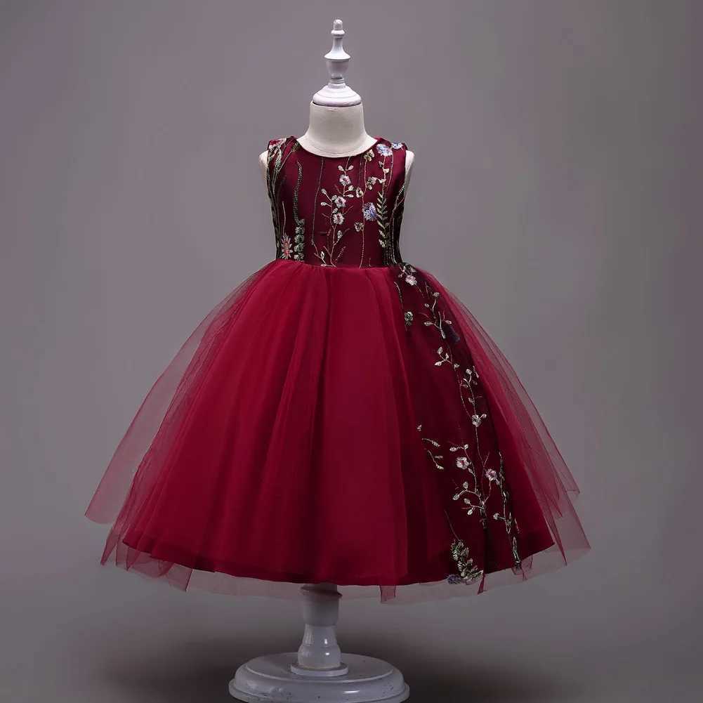 Childrens lace wedding floral embroidery teenage girls party ball elegant princess sleeveless wedding dress W240823