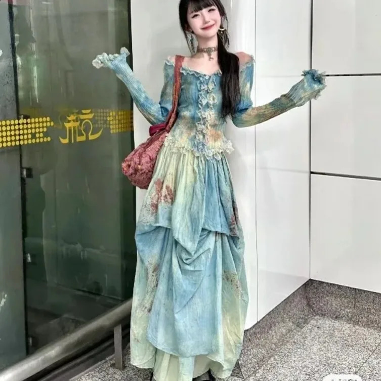 Elegant Vintage Tie Dye Slim Fit Fungus Long Sleeve Tops Women Y2k High Waist Ruched Skirts Two Piece Sets 240823