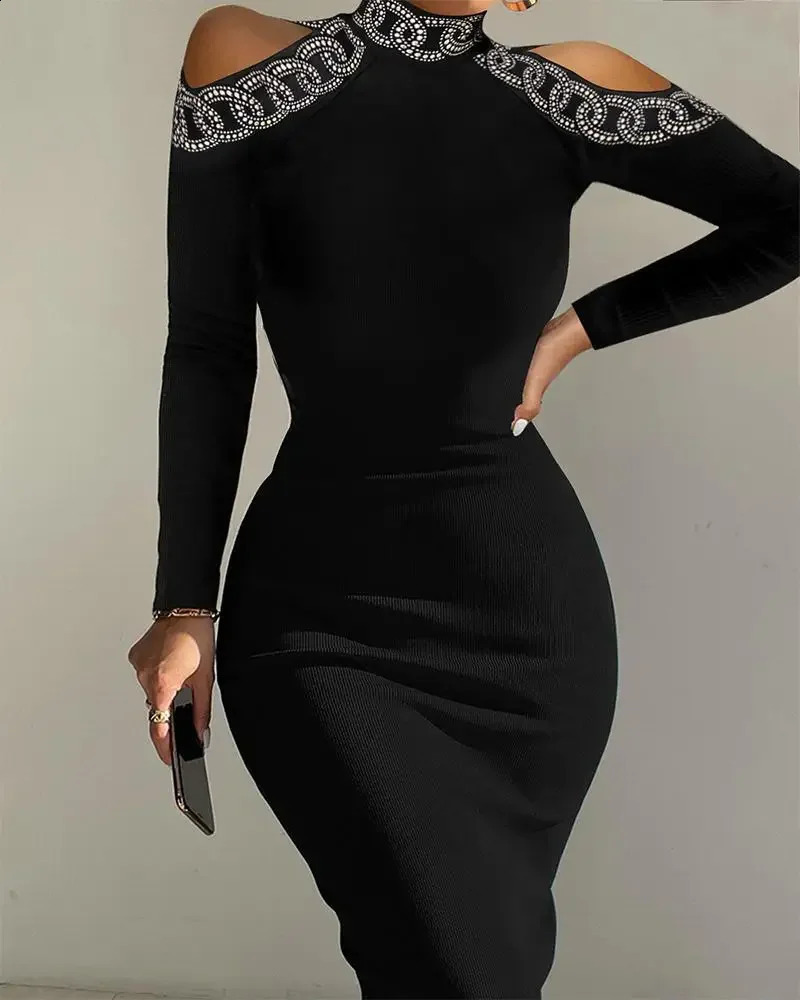 Rhinestone Contrast Mesh Long Sleeve Glitter Bodycon Dress Women Wrapped Long Dresses Slim Fit Sheath Evening Dresses Prom 240823