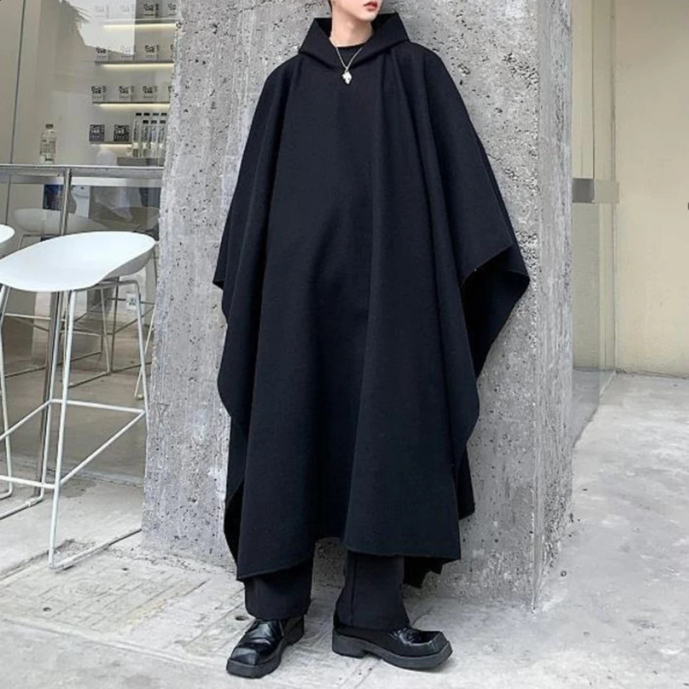 Men Japan Street Style Hooded Robe Cloak Trench Coat Outerwear Male Gothic Punk Fashion Show Pullover Long Jacket Overcoat 240822