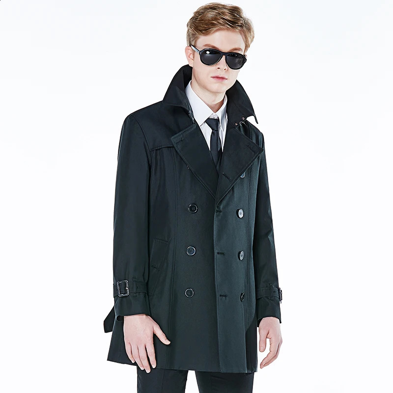 Mid to long trench coat mens spring and autumn product double breasted khaki cotton polyester custom windbreaker jacket men 240822