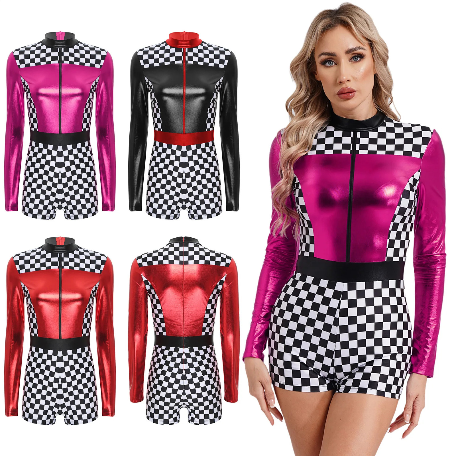 Womens racing driver jumpsuit Halloween roleplaying costume theme checkered printed long sleeved boys shorts w240824