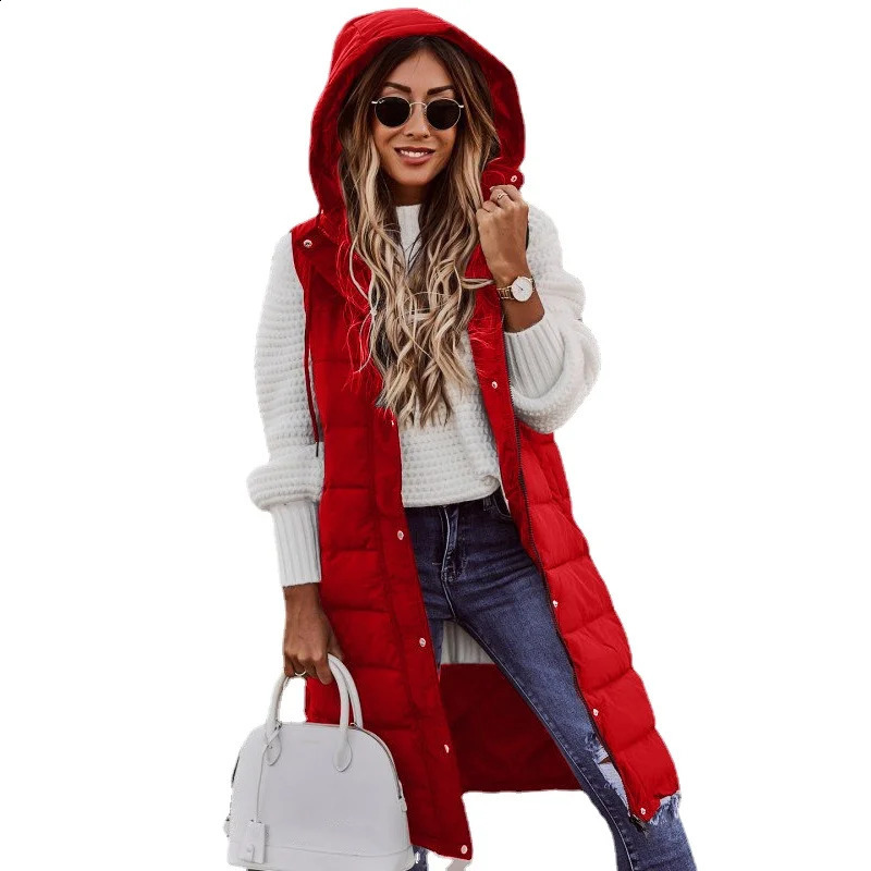 Womens Long Coat Vest With Hood Autumn Winter Sleeveless Warm Cotton Down Coat Waistcoat Quilted Vest Down Jacket Outwear 5XL 240823