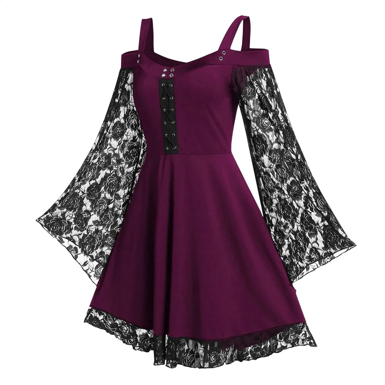 Gothic mini dress with lace decoration high waist cold shoulder Y2k womens 90s retro punk Harajuku Halloween 240823