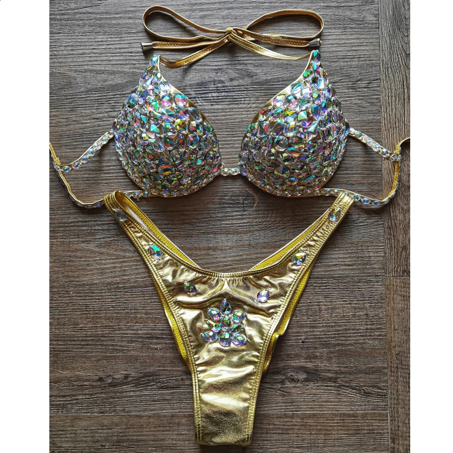 VIKINII Rose Red Crystal Biquinis Sexy Luxury Diamond Bikinis Set Women Rhinestone Swimwear Female Honey Moon Beachwear 240822