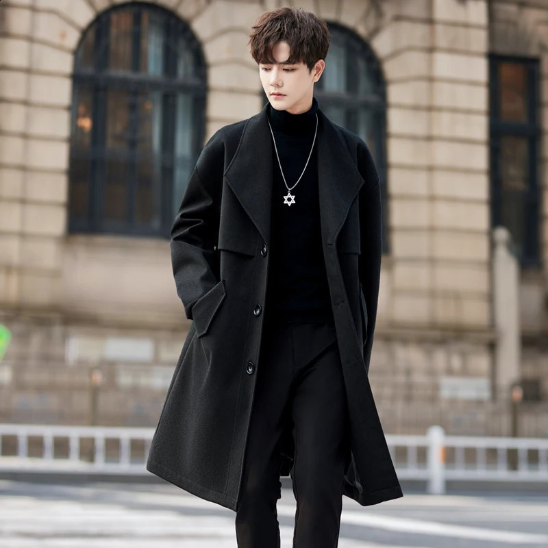 Autumn Korean style Unique twill pattern woolen trench men casual loose long section Windbreaker for men coat jacket M-3XL 240822