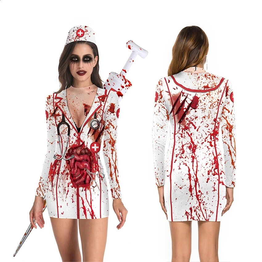 Bloody nurse costume Halloween horror costume party zombie costume role-playing sexy womens round neck long sleeved printed womens clothing 240823