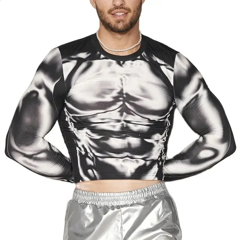 Y2K Mens T Shirts Sexy Elastic Slim Long Sleeve O Neck Bottoming T-shirt Men Fall Fashionable Muscle Print Tops Streetwear 240823