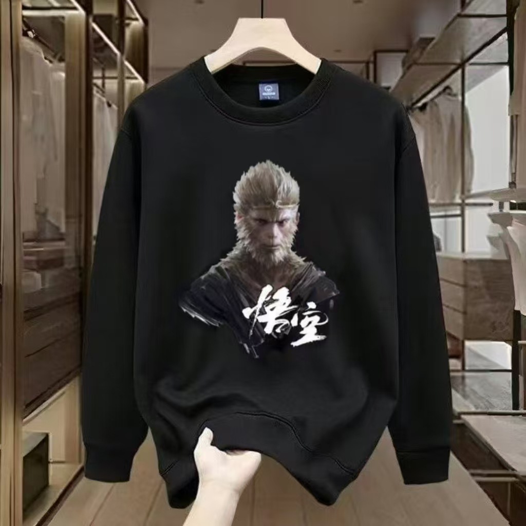 Round Neck Hoodie Men Black Myth Wukong Surrounding Clothes Men's New Autumn/Winter Plus Cashmere Hoodie