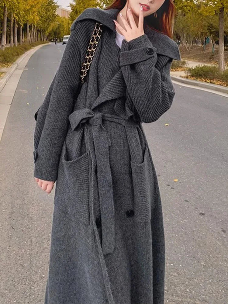 IEQJ Lace-up Spliced Knitting Slim Windbreaker For Women Elegant Thick Casual Solid Trench Coat Autumn Clothing 3WQ7458 240822