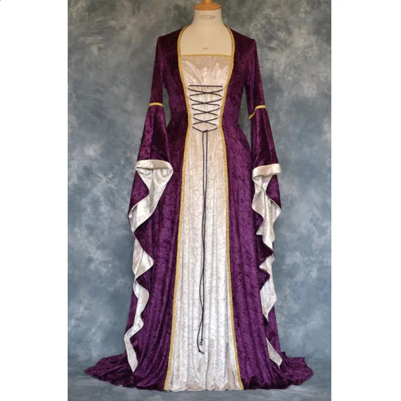 Cross border Halloween COS Europe and the United States Gold Velvet Belted Bell Sleeves Retro Mid length Dress 240823