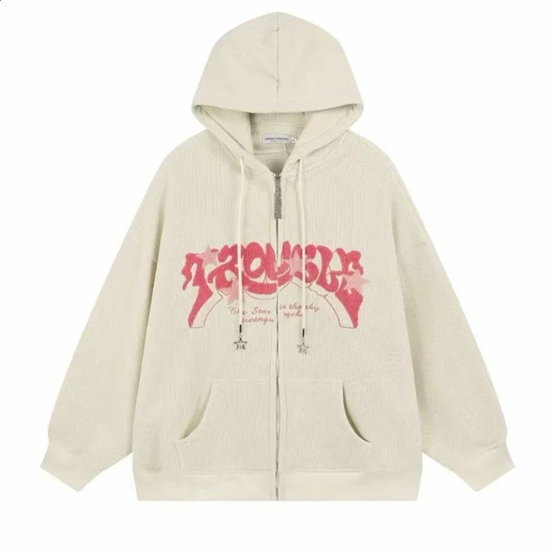 Vintage Goth Corduroy Zip Up Hoodies For Men Hip Hop Fashion Foam Print Jacket Womens Y2K Streetwear Sweatshirts 240823