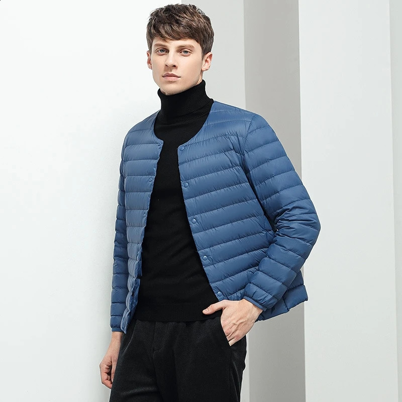 Mens lined duck down jacket Oneck variable Vneck mens winter warm collarless ultra light quilted puff coat 240822
