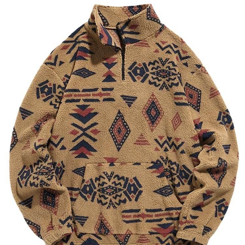 Hoodie for Men Fuzzy Faux Sherpa Zipper Sweatshirts Ethnic Print Fluffy Streetwear Pullover Fall Winter Turtleneck Hoodies y240822