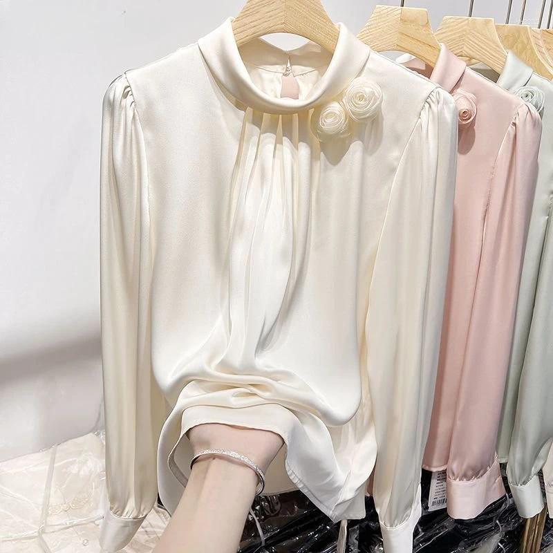 Women's Blouses Solid Women Baggy Office Lady Temper Elegant Designer Minimalist French Cozy Gentle Chemise Design Stand Collar Clothes