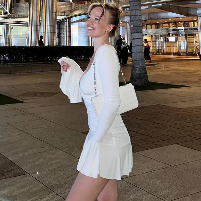 Women White Long Sleeve Ruffles Mini Dress Sexy Bodycon Deep V-neck Solid Short Dress Female Party Club Vestidos Fashion Autumn 240823