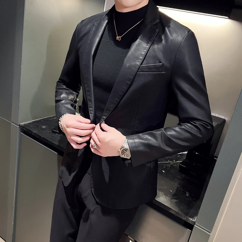 Mens PU Jacket with Suit Collar Faux Leather Jacket Mens Leather Jacket Suit Collar Fashion Urban Business Casual Suit 240822