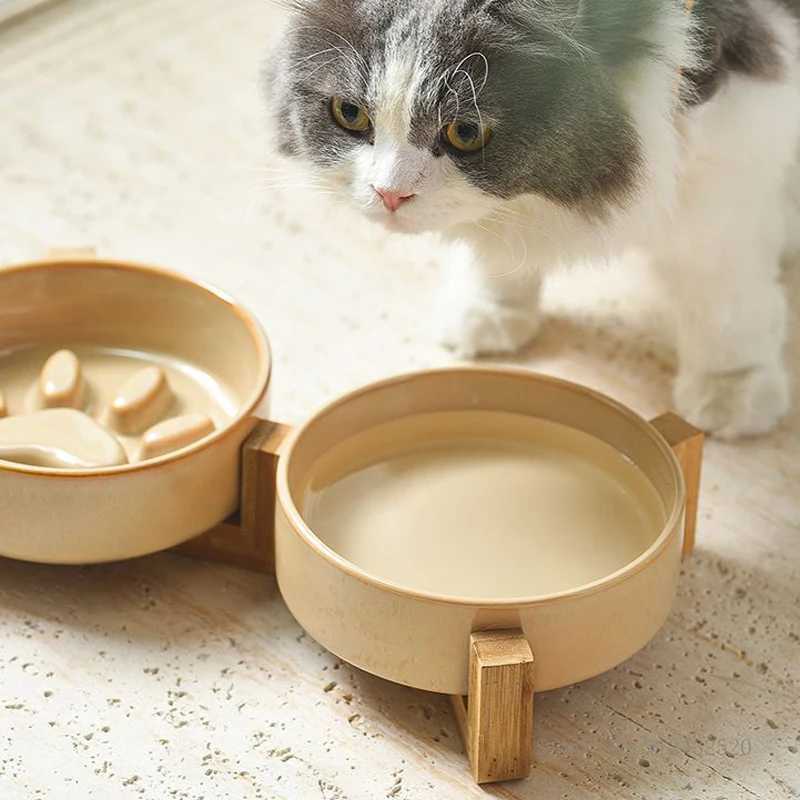 Creative ceramic anti suffocation cat bowl wooden frame slow food food and beverage dual pet supplies 1PcX240823