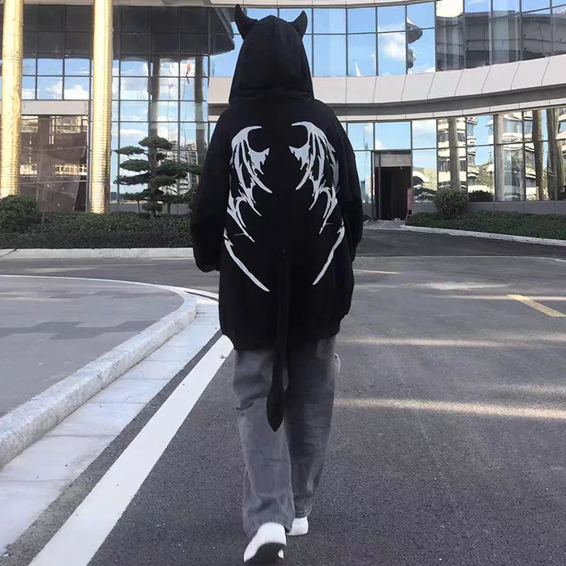 Autumn Harajuku Hoodies Women Gothic Punk Devil Horn Hooded Sweatshirt Halloween Couple Matching Detachable Tail Zip-Up Outwear 240823