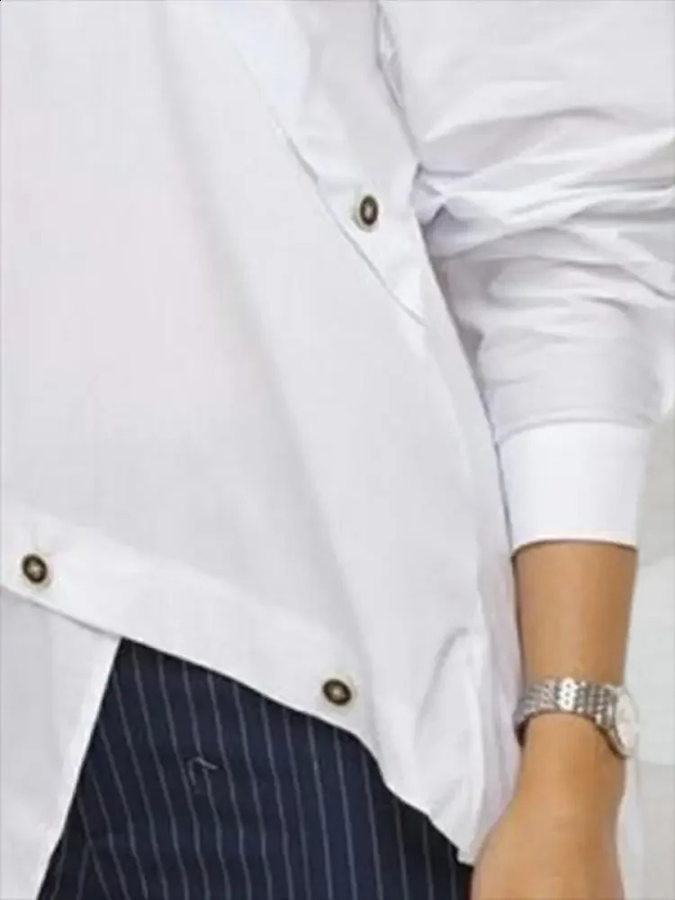Lemongor Female Fashion Personality Buttoned Asymmetric White Blouses Spring Autumn Long Sleeves Casual Shirts Tops 240823