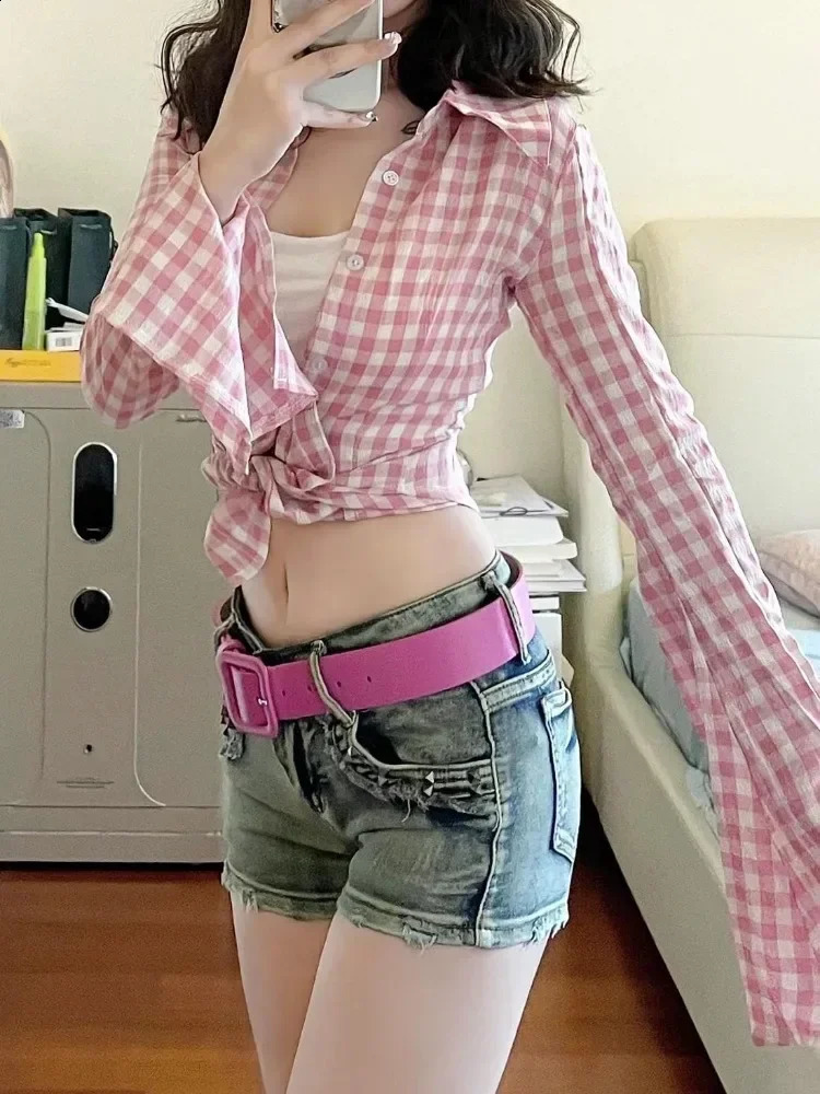 Fashion Y2k Casual Sexy Long Sleeve All Match Contrast Color Plaid Shirt Women Korean Summer Streetwear Crop Top Blusas Feminina 240823