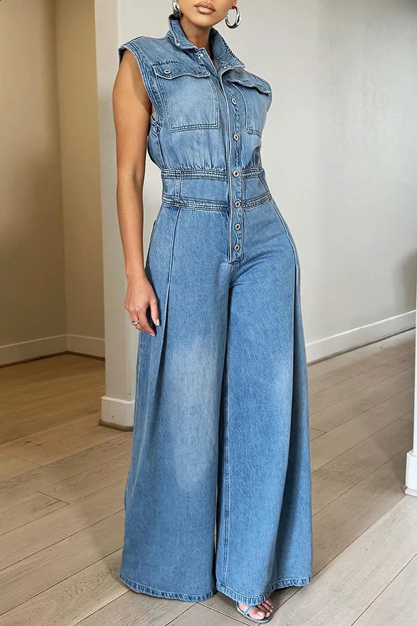 Jumpsuits Women One Piece Denim Jeans Overalls Sleeveless High Waist Turn Down Collar Wide Leg Long Pants Rompers Summer 240822