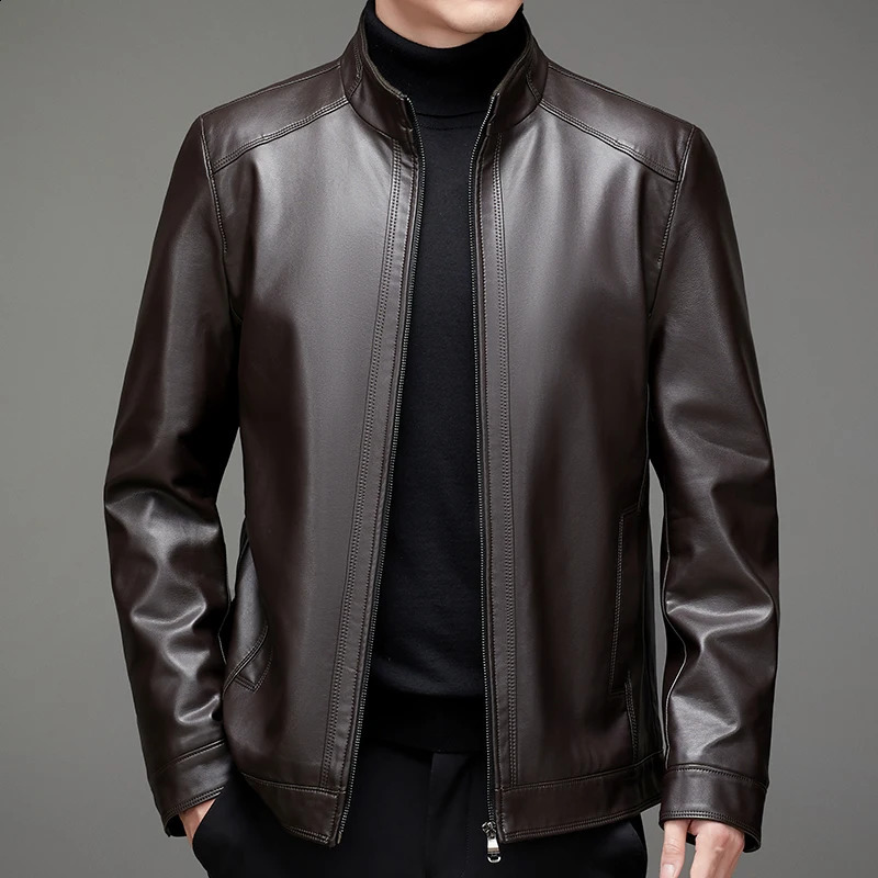 - Mens Business Gentleman British Windproof Casual Fashion Stand Collar Sheepskin Plus Size Biker Jacket Leather Jacket 240822