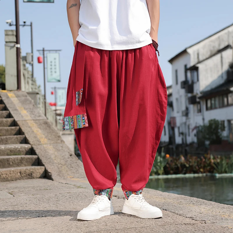 Chinese Style Mens Retro Wide Leg Pants Loose Plus Size Trendy High Street Fashion Cotton and Linen Pants Hombre Leggings 240822
