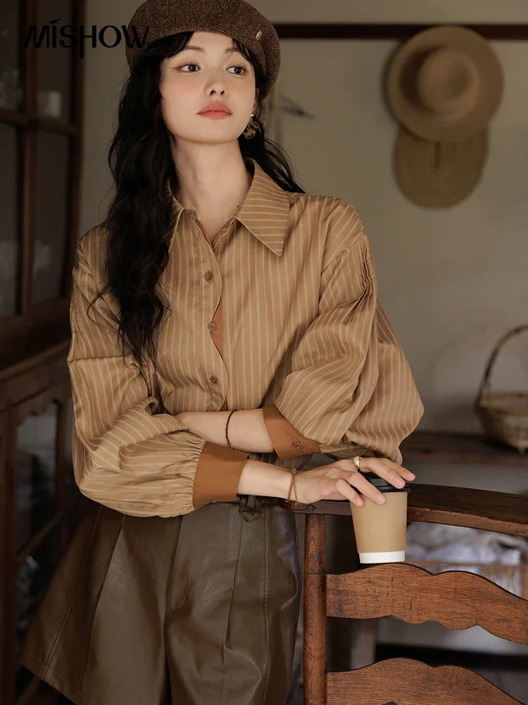 MISHOW Striped Casual Shirt for Women Autumn Retro Lapel Long Sleeve Top Contrasting Cuffs Shirts Office Lady MXD42C0301 240823