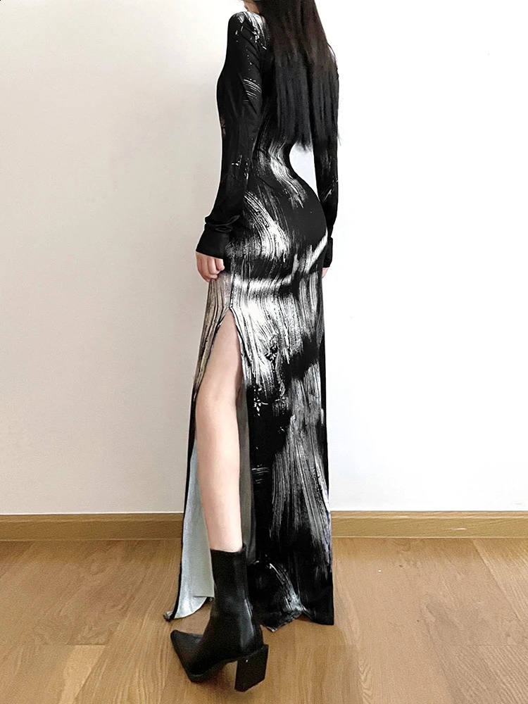 IAMSURE Slim Hollow Out Printed Split Dress Holiday Sexy V-Neck Long Sleeve Maxi Dresses For Women Autumn Spring Ladies 240823