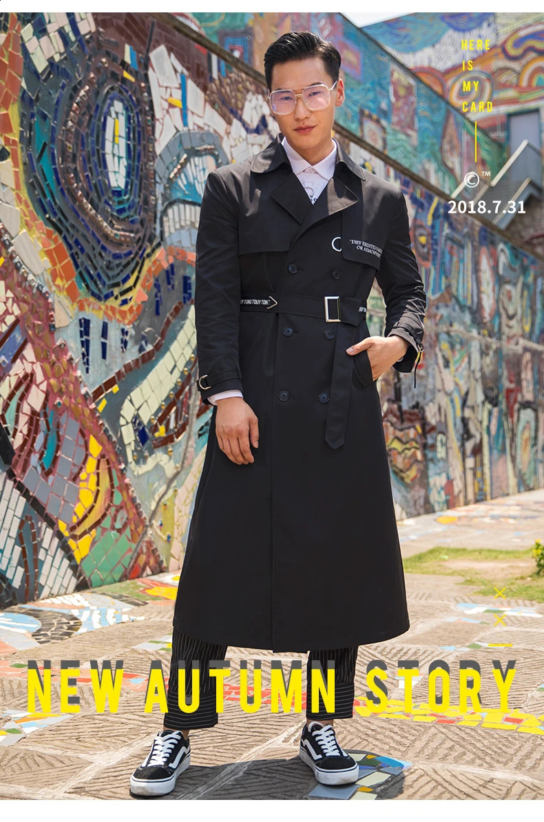 Autumn Winter Men Trench Adjustable Waist n Coat Fashion Smart Casual British Style Black Outwear Turn-down Collar 240822