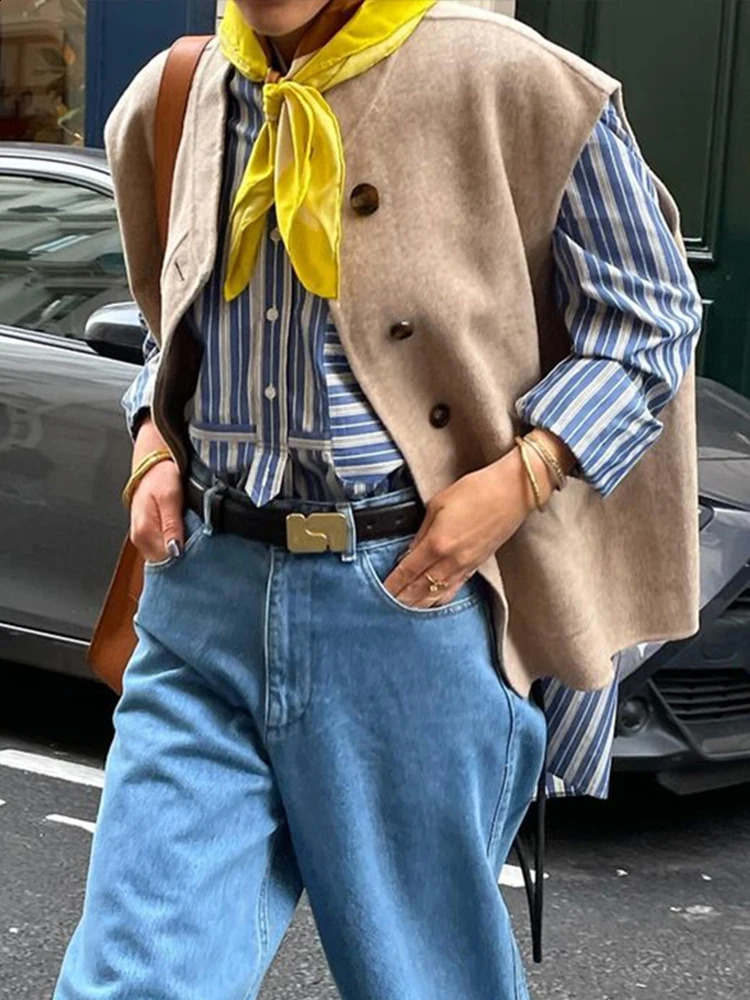 Elegant Khaki Sleeveless Thin Coat Women Loose O-neck Single Breasted Jacket Autumn Fashion All-match Waistcoat Outwear 240822