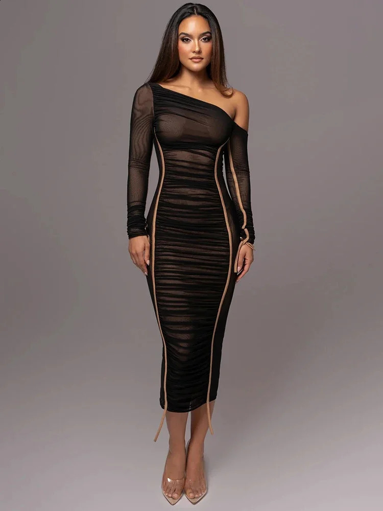 Diagonal Collar Long Sleeve Midi Dress For Women Two Layer Mesh Backless Ruched Bodycon Club Party Sexy Long Dress 240823
