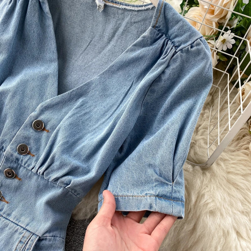 Vintage V-Neck Women Denim Dress Summer Short Sleeve Mermaid Dresses Female Slim Long Jean Slit Vestidos 240822